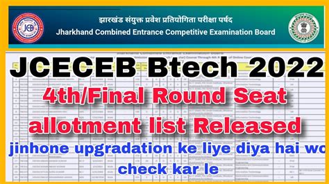 Jcece Btech 2022 Final Round Seat Allotment List Jcece Btech 2022 4th