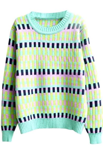 Colorful Plaid Jacquard Round Neck Long Sleeve Sweater Beautifulhalo