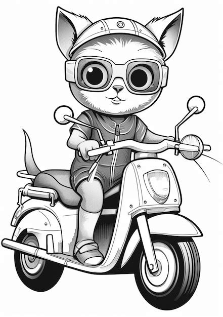 Gato De Dibujos Animados Montando Un Scooter Con Un Casco Y Gafas