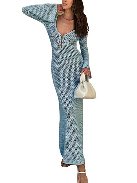 Biekopu Women Fall Long Knit Dress Solid Color Hollow Out Deep V Neck