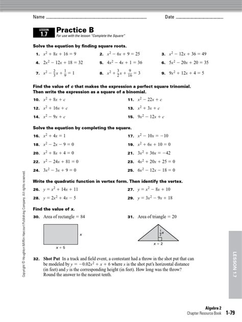 1 7 Practice B Pdf Area Quadratic Equation