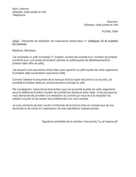 Lettre Résiliation Assurance Emprunteur Remboursement Anticipé Mise à