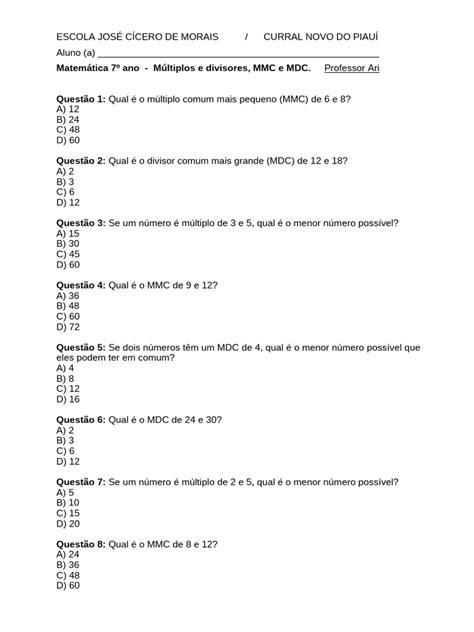 Exercícios De Mmc E Mdc Pdf 7 Ano Com Gabarito - Exercícios de MMC e MDC para 7º Ano | PDF