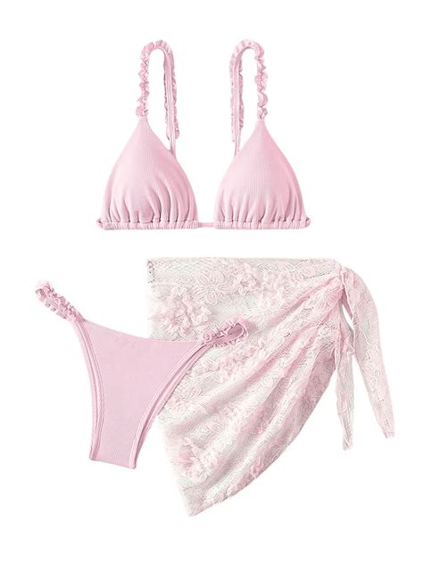 Size S SHENHE Women S 3 Pieces Swimsuits With Lace Sarong Coverup Skirt Triangle Frilly Bikini