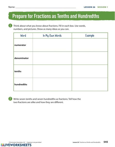 Fractions As Tenths And Hundredths Online Exercise For Live Worksheets