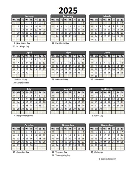 2025 Printable Calendars With Holidays Pdf Printable Pdf Laila Hope