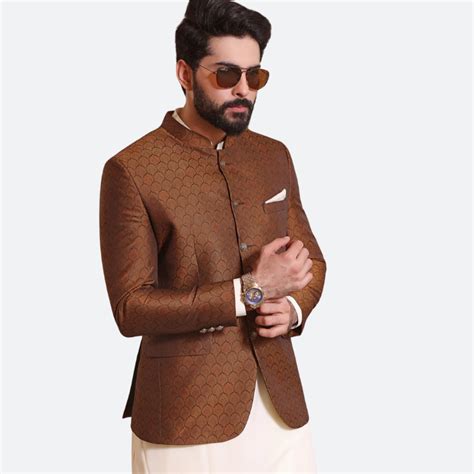 Brown Jamawar Fabric Pakistani Prince Coat For Men Prince Coat