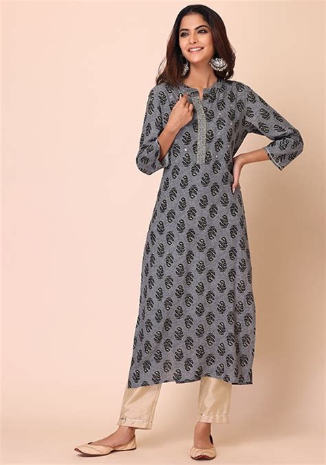 Buy Women Grey Block Print Rayon Kurta Everyday Ethnic Indya