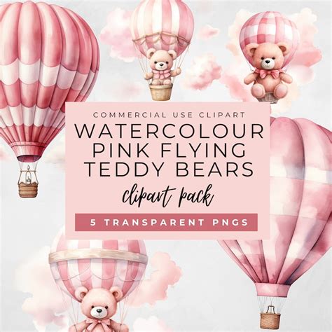 Watercolour Pastel Pink Teddy Bear Hot Air Balloon Clip Art Bundle