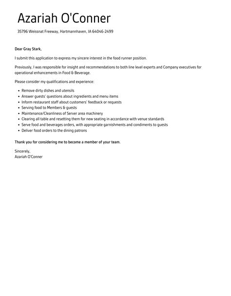 Food Runner Cover Letter Velvet Jobs