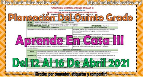 Planeaci N Del Quinto Grado Con Actividades De Acuerdo A Los