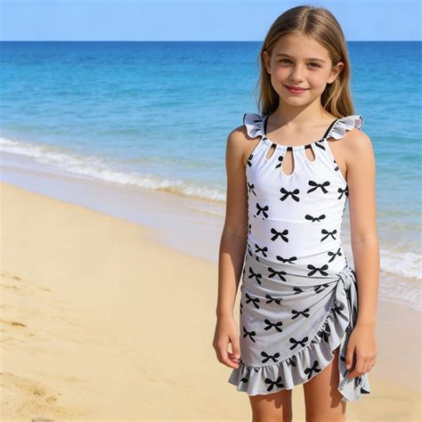 HOWPAY Girls One Piece Swimsuits Sleeveless Bow Print Tankini Bikini