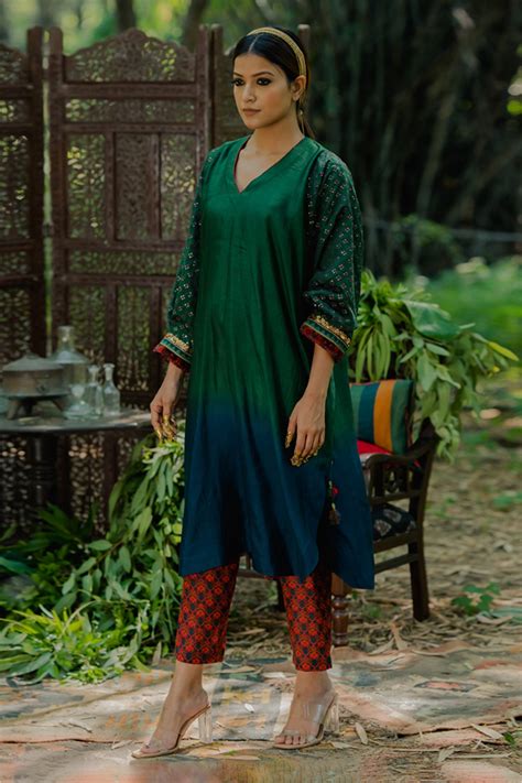 Buy Multi Color Cotton Silk Print Aari V Neck Dual Toned Kurta With