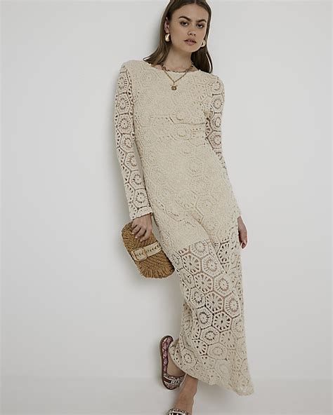 Cream Flower Crochet Bodycon Maxi Dress River Island