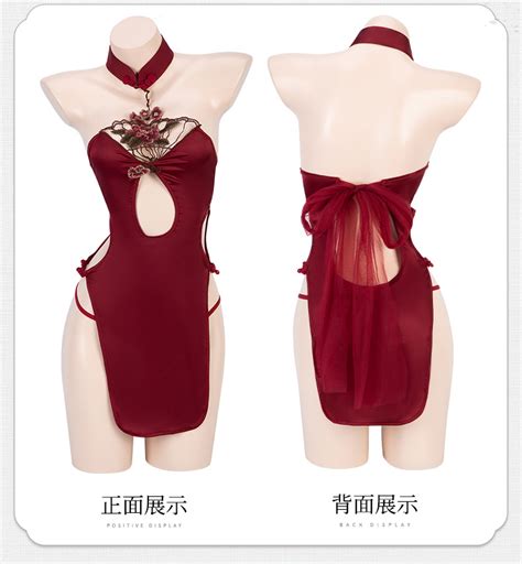 Sexy Lingerie Cheongsam Sexy Halterneck Water Drop Hollow High Waist Slit Cheongsam Uniform Suit
