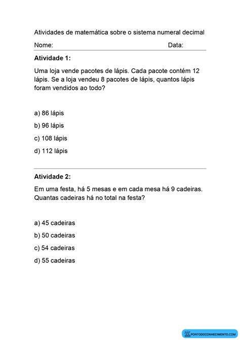 Atividades De Matem Tica Sobre O Sistema Numeral Decimal Ponto Do