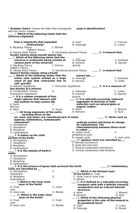 Toaz Pre Test I Multiple Choice Choose The Letter That