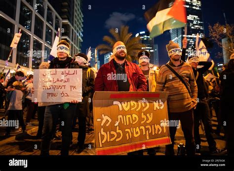 Tel Aviv Israel St Apr Protesters Wear Blindfolds That Says