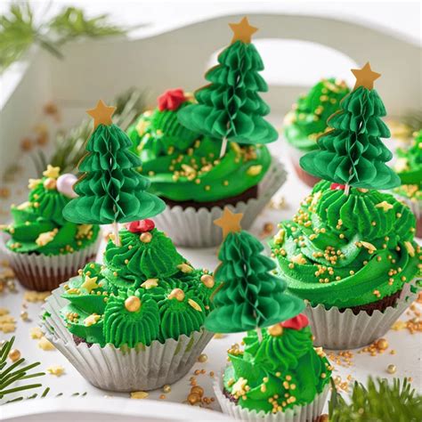 Pcs Christmas Tree Cupcake Topper Food Fruit Picks Honeycomb Paper