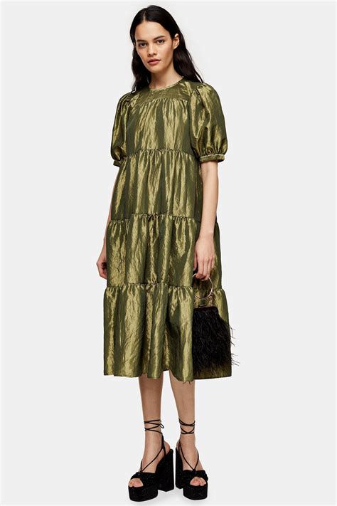 Topshop Green Taffeta Midi Dress