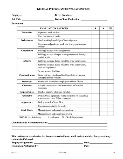 Performance Evaluation Form Template