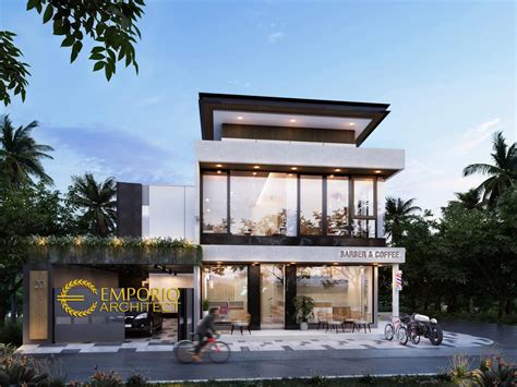 Desain Tampak Depan Rumah Kost Barber Coffee Shop Modern Lantai