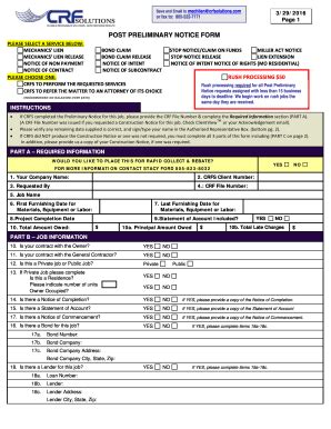 Fillable Online POST PRELIMINARY NOTICE FORM CRF SOLUTIONS Fax Email