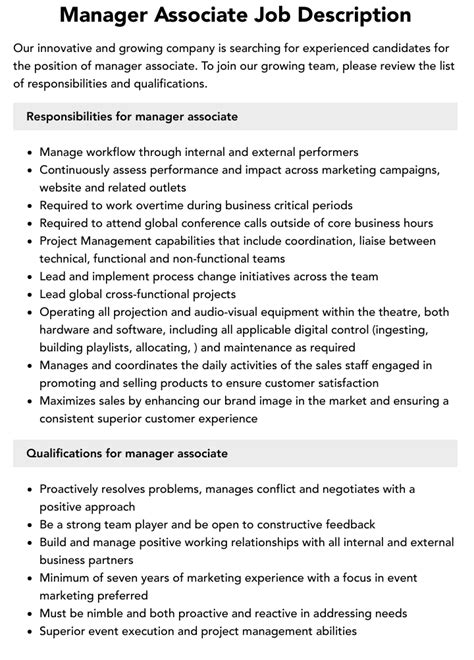 Manager Associate Job Description Velvet Jobs