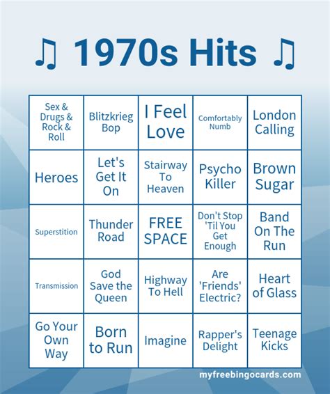 1970s music hits bingo