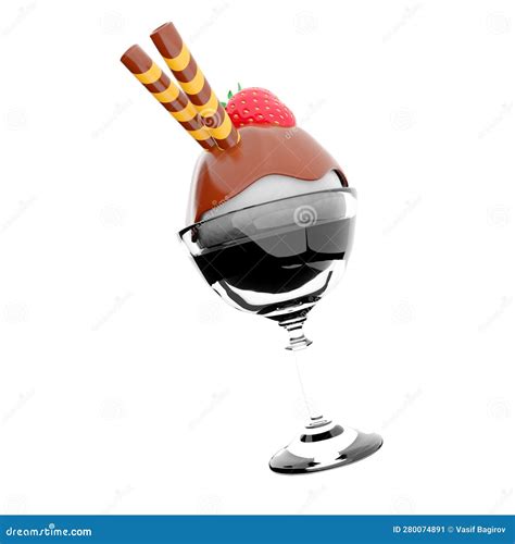 3d Rendering Ice Cream Scoop With Chocolate Topping And Strawberries