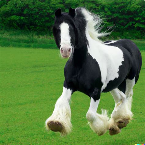 A black and white clydesdale horse running