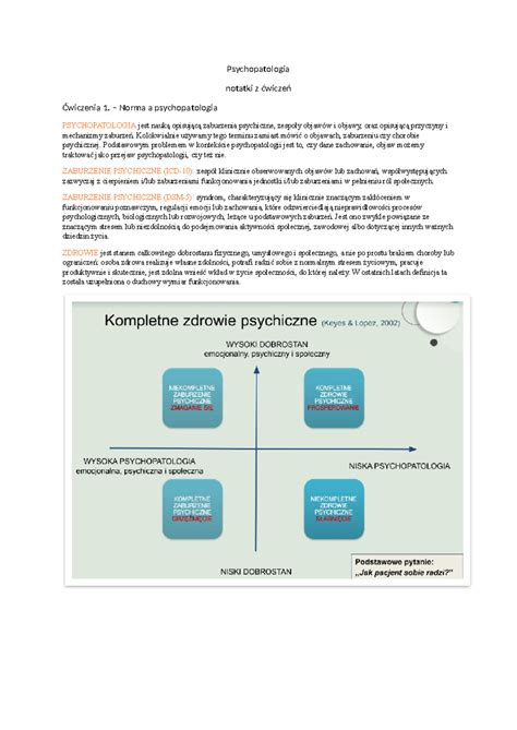 Psychopatologia Ć Wiczenia Psychopatologia notatki z ćwiczeń