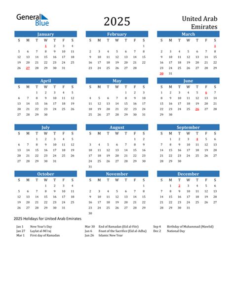 2025 United Arab Emirates Calendar With Holidays