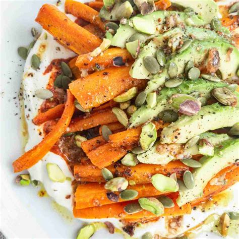 Roasted Carrot Avocado Salad With Harissa Yogurt