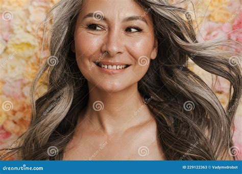 Smiling Mature Topless Woman Standing Posing Stock Image Image Of