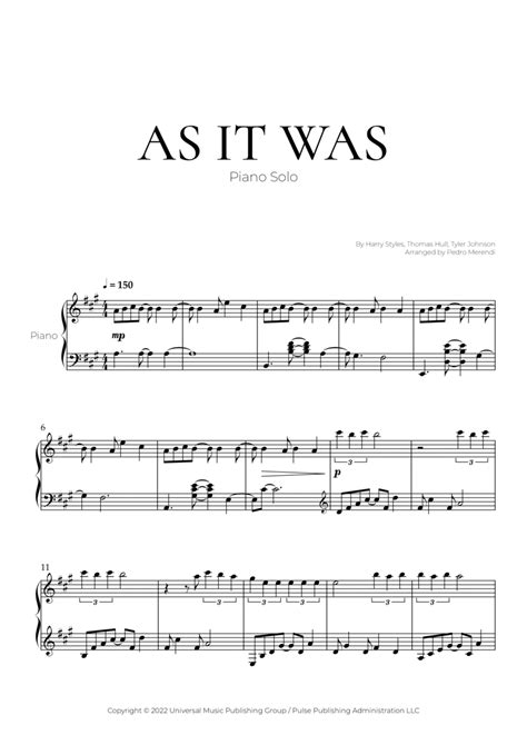 As It Was Arr Pedro Merendi By Harry Styles Sheet Music For Piano