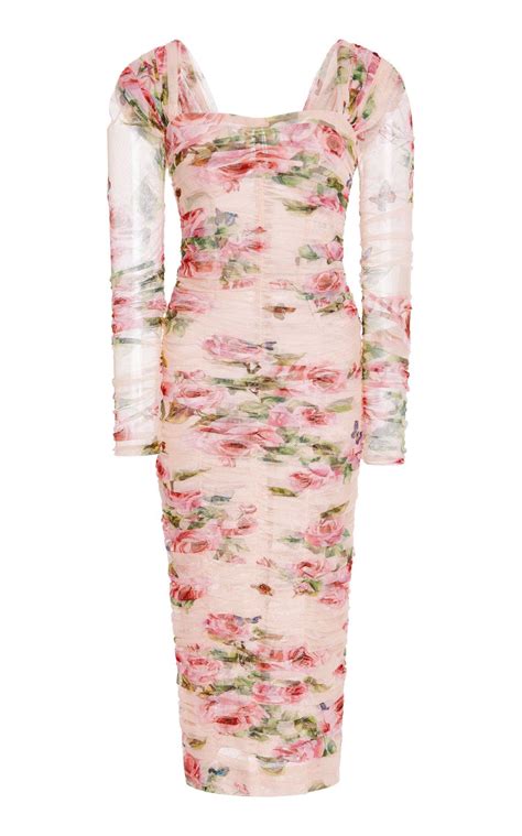 Rose Print Tulle Dress By Dolce And Gabbana Sheer Long Sleeve Dress