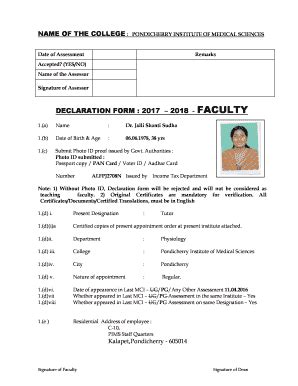 Fillable Online Declaration Form 2017 2018 Faculty Pondicherry