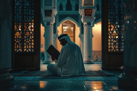 Premium Photo Man In Mosque Reads Quran At Night During Ramadan