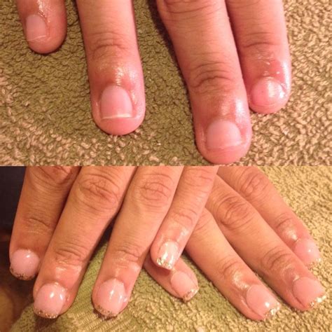 Before And After Of Cuticle Repair And Gold Glitter Tip Acrylics