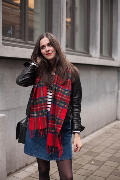 Outfit Leather Jacket Plaid Scarf And Striped Top The Styling Dutchman