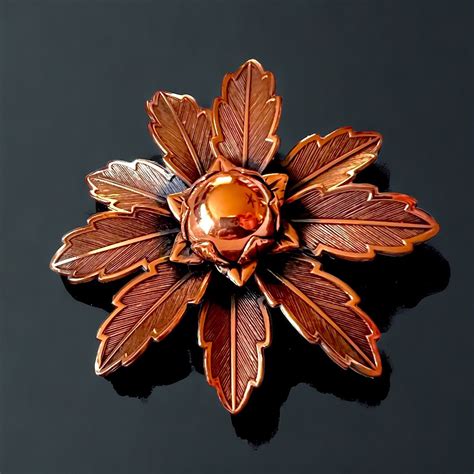 Eye Catching 1950s Bell Copper Flower Brooch Signed Gem