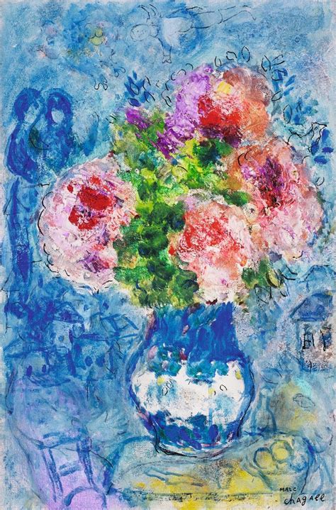 Marc Chagall 1887 1985 Bouquet Rose Sur Fond Bleu Stamped With The