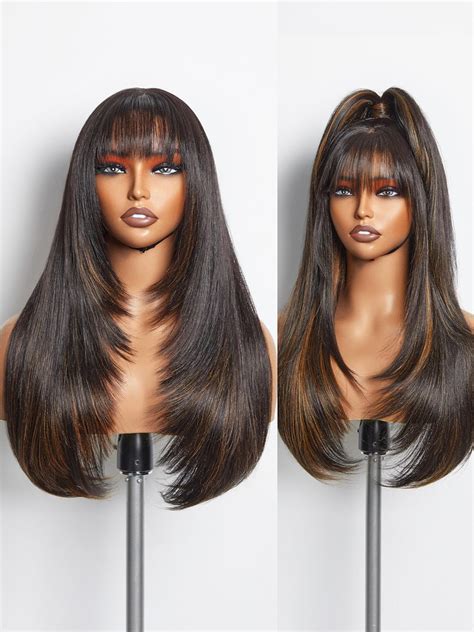 Amazon GORGIUS Highlight Straight Layered Wigs With Bangs