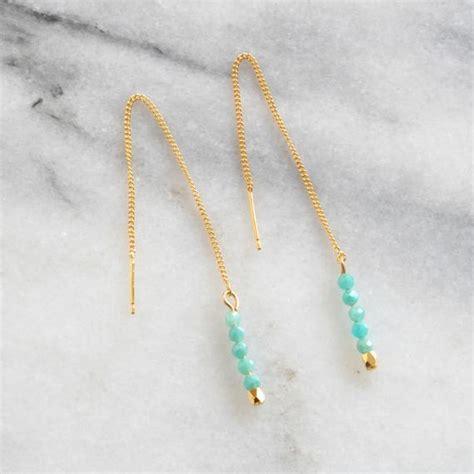 Gold Threader Earrings Gemstone Chain Earrings Amazonite Malachite