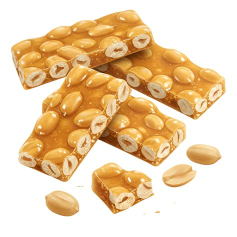A view of peanut brittle bars stacked, with loose peanuts, on a plain ...