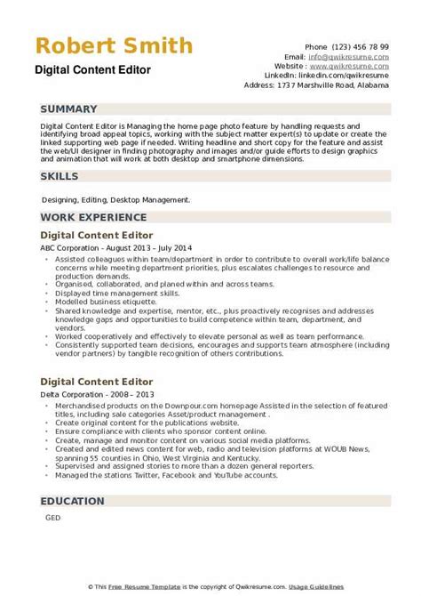 Digital Content Editor Resume Samples Qwikresume