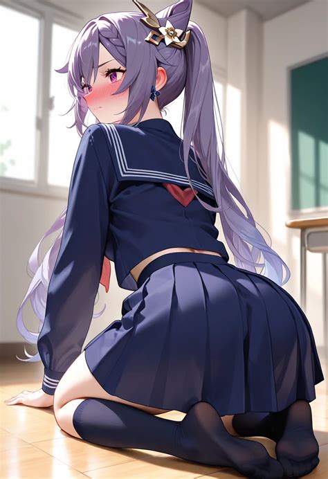 Keqing from genshin impact, solo, kneeling position, pov from behind