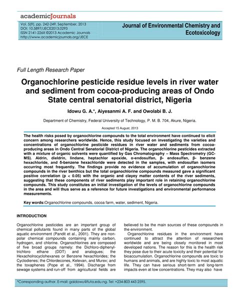 PDF Organochlorine Pesticide Residue Levels In River And Sediment