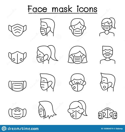 Face Mask Protection Virus Icons Set In Thin Line Style Stock Vector